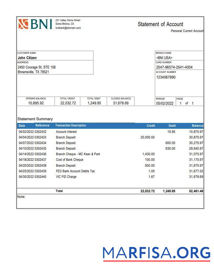 Downloadable USA Texas BNI bank account statement word template